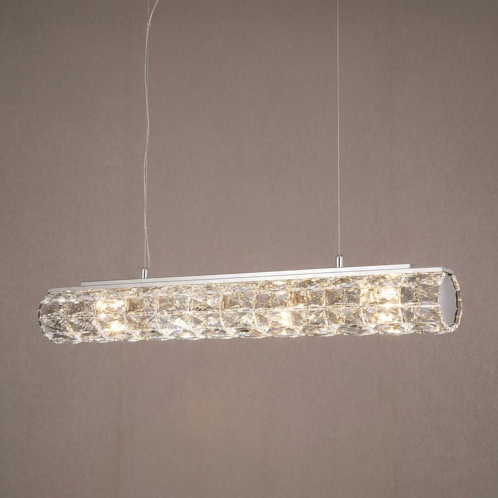 A linear chrome and hexagonal crystal LED pendant light, illuminated against a neutral wall.