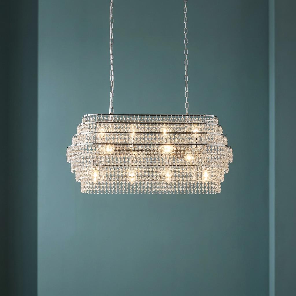 Rectangular chrome chandelier with tiers of hanging crystals and twelve glowing bulbs against a teal wall.