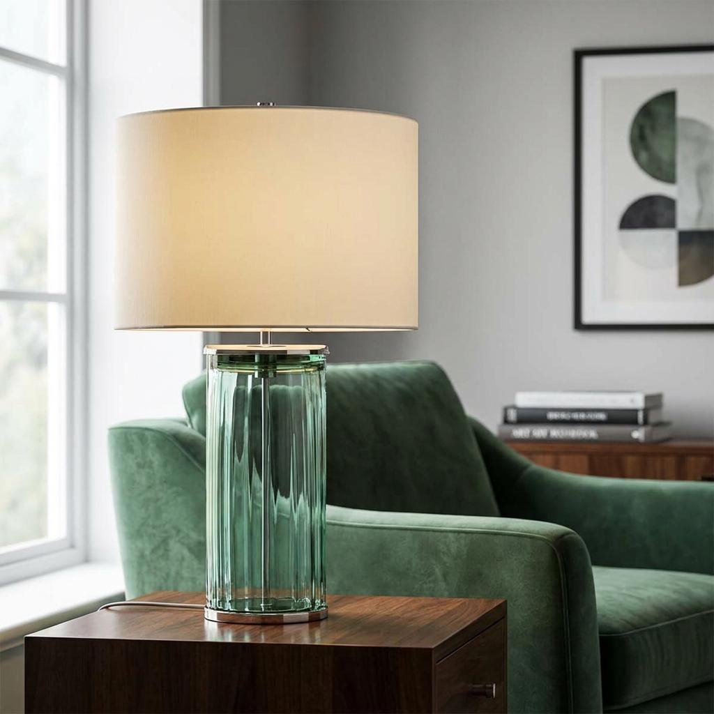 Green ribbed glass table lamp with a cream drum shade on a wooden side table in a modern living room setting.