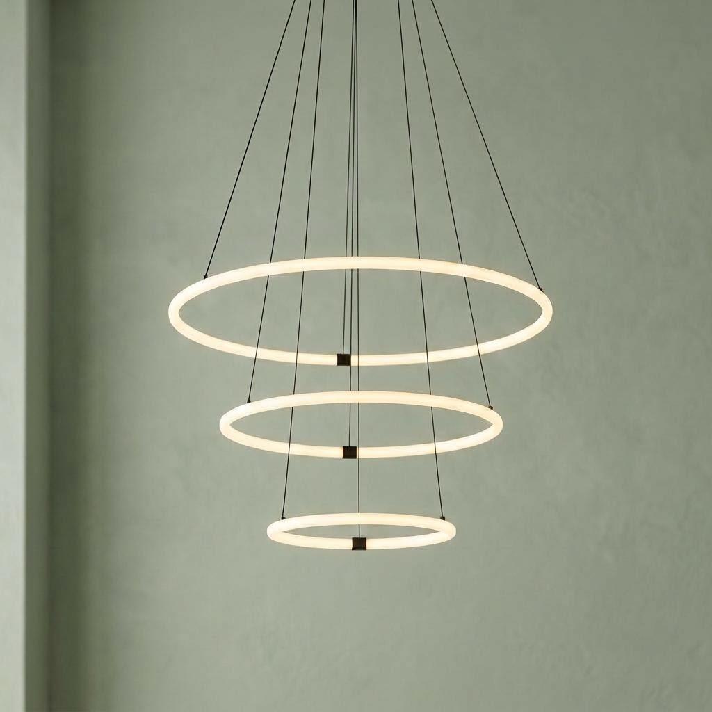 Three-tier LED ring pendant light with opal tubes suspended by black cables against a soft green wall.