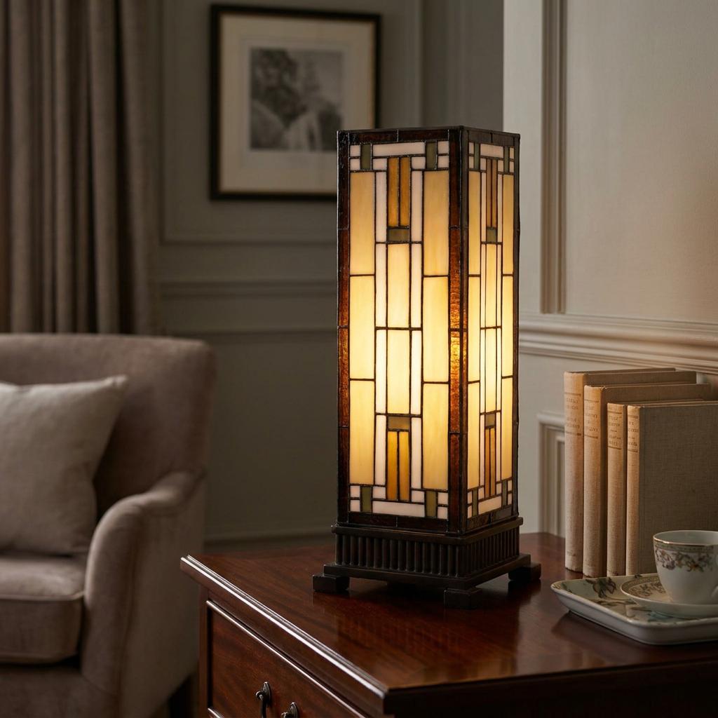 Art Deco style Tiffany column lamp with geometric stained glass glowing on a dark wood table in a cozy room.
