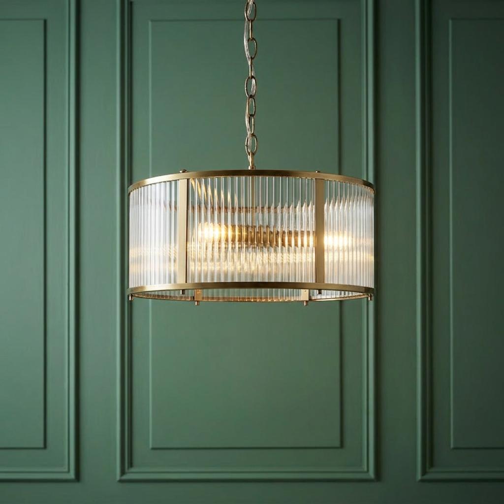 Ridgeton 3 Light Antique Brass & Ribbed Shade Glass Pendant-OPEN-BOX-BSL-270826