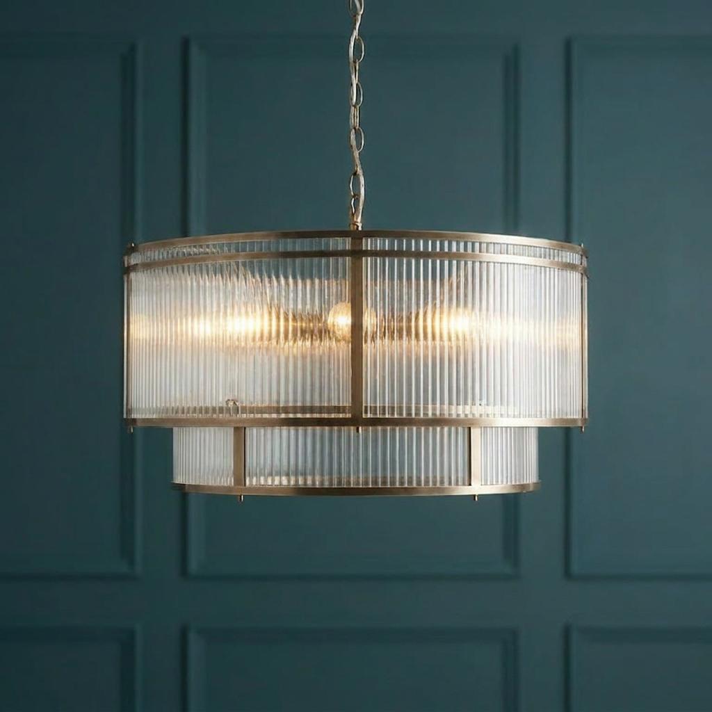 A two-tier brass pendant light with ribbed glass shades lit against a dark teal paneled wall.