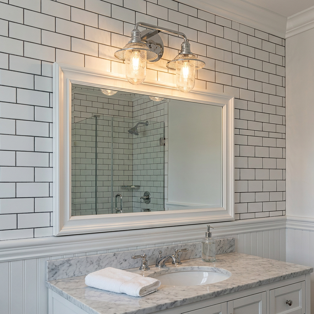 Rigby 2 light polished chrome wall light over a mirror in a bathroom with white subway tiles and a marble countertop.