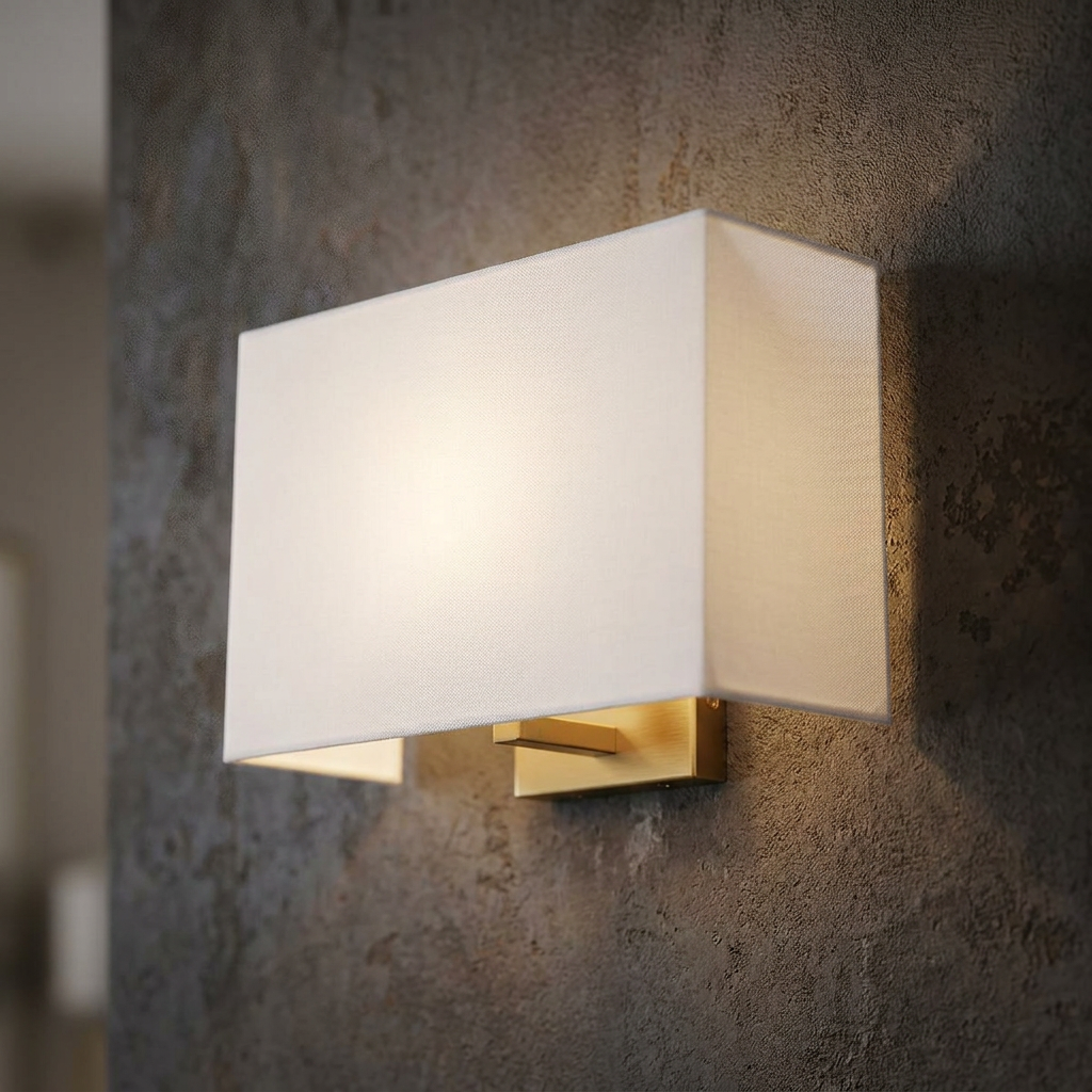 Rectangular wall light with a white fabric shade and aged brass back plate mounted on a textured dark wall.