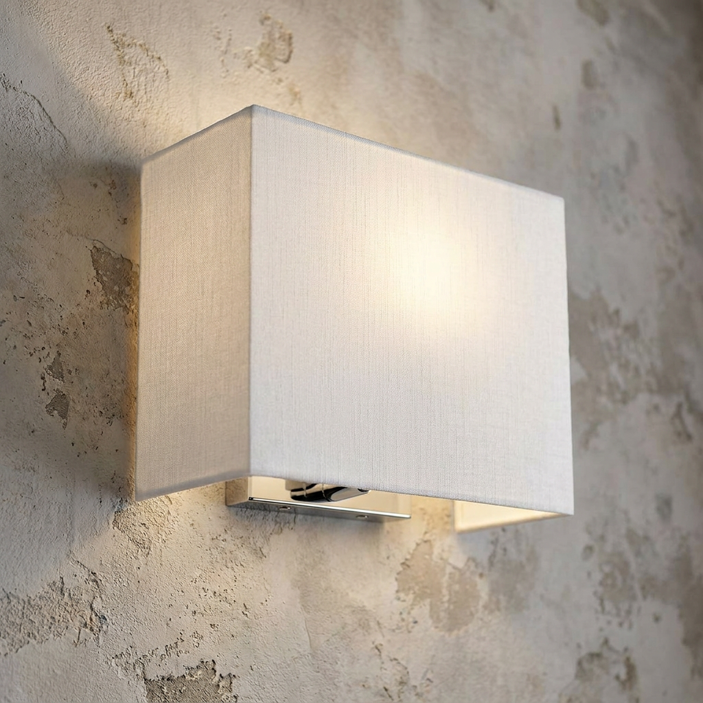 Rectangular fabric wall light with a polished chrome backplate glowing against a rustic textured wall.