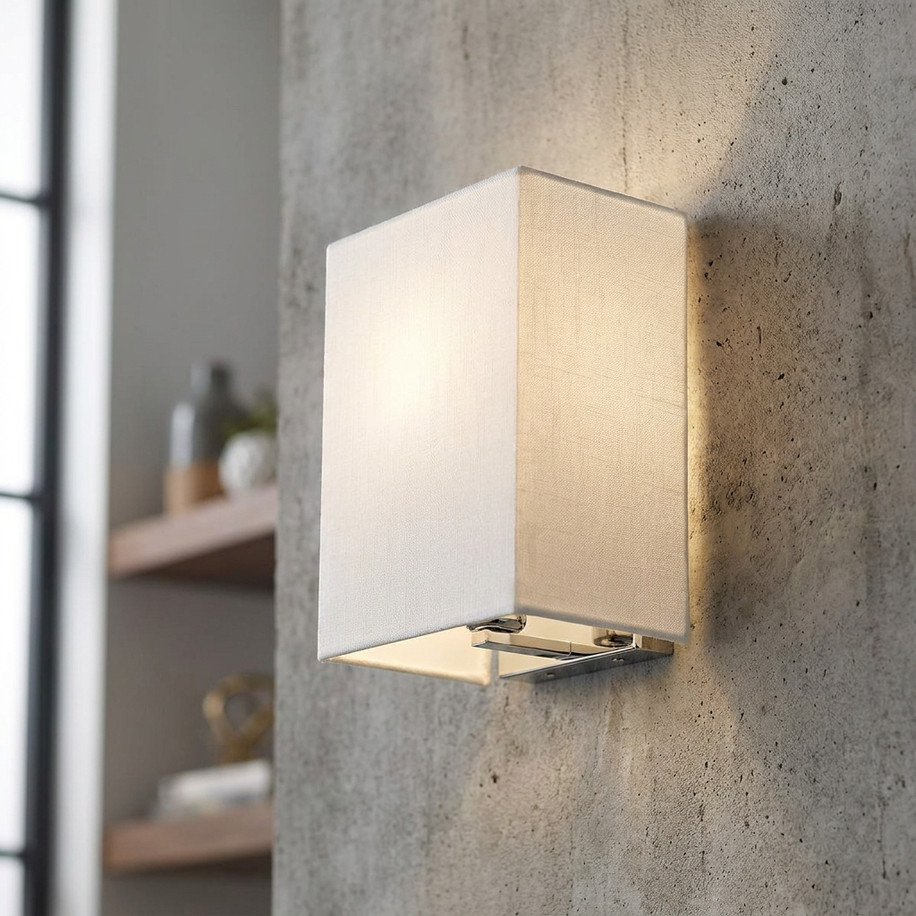 Illuminated Riley rectangular wall light with white fabric shade and chrome base on a textured concrete wall.