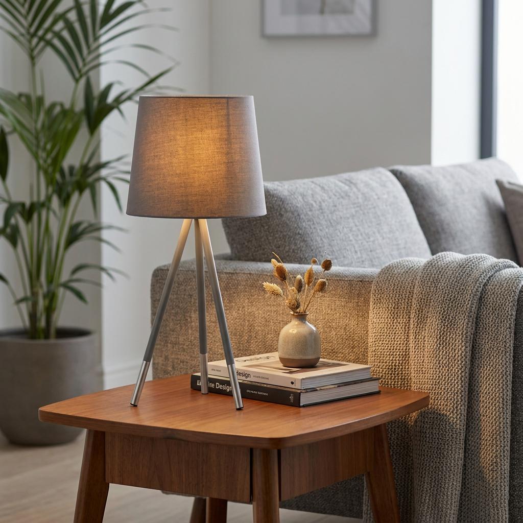 Rio table lamp with a grey fabric shade and silver tripod base on a wooden side table in a cozy living room.