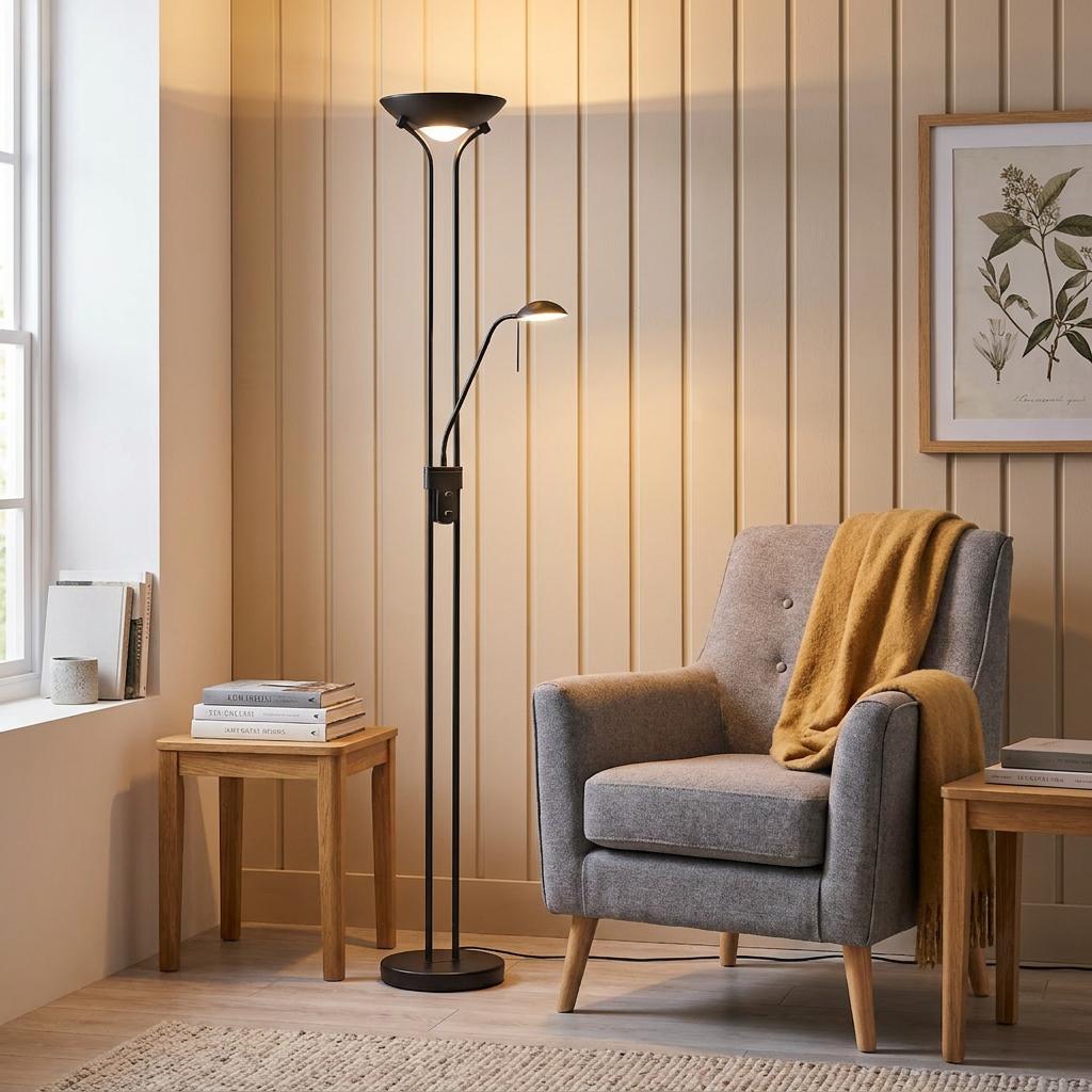 Rome black mother and child floor lamp with dual lights in a modern living room setting.