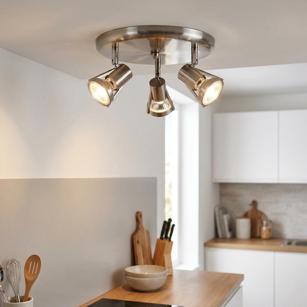 Antique chrome 3-light spotlight fixture mounted on a kitchen ceiling, illuminating a wooden countertop.