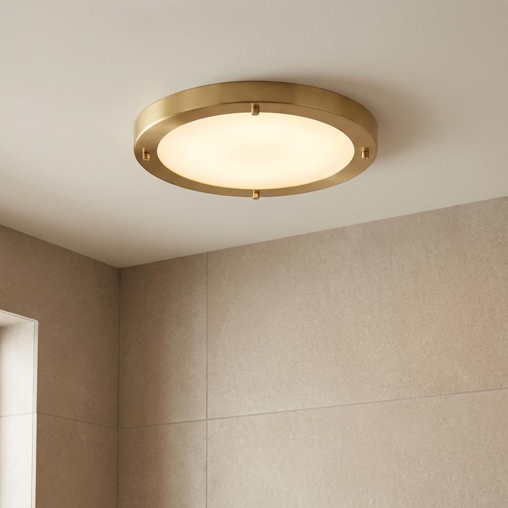 Circular satin brass flush ceiling light with an opal glass diffuser, mounted in a tiled neutral bathroom.