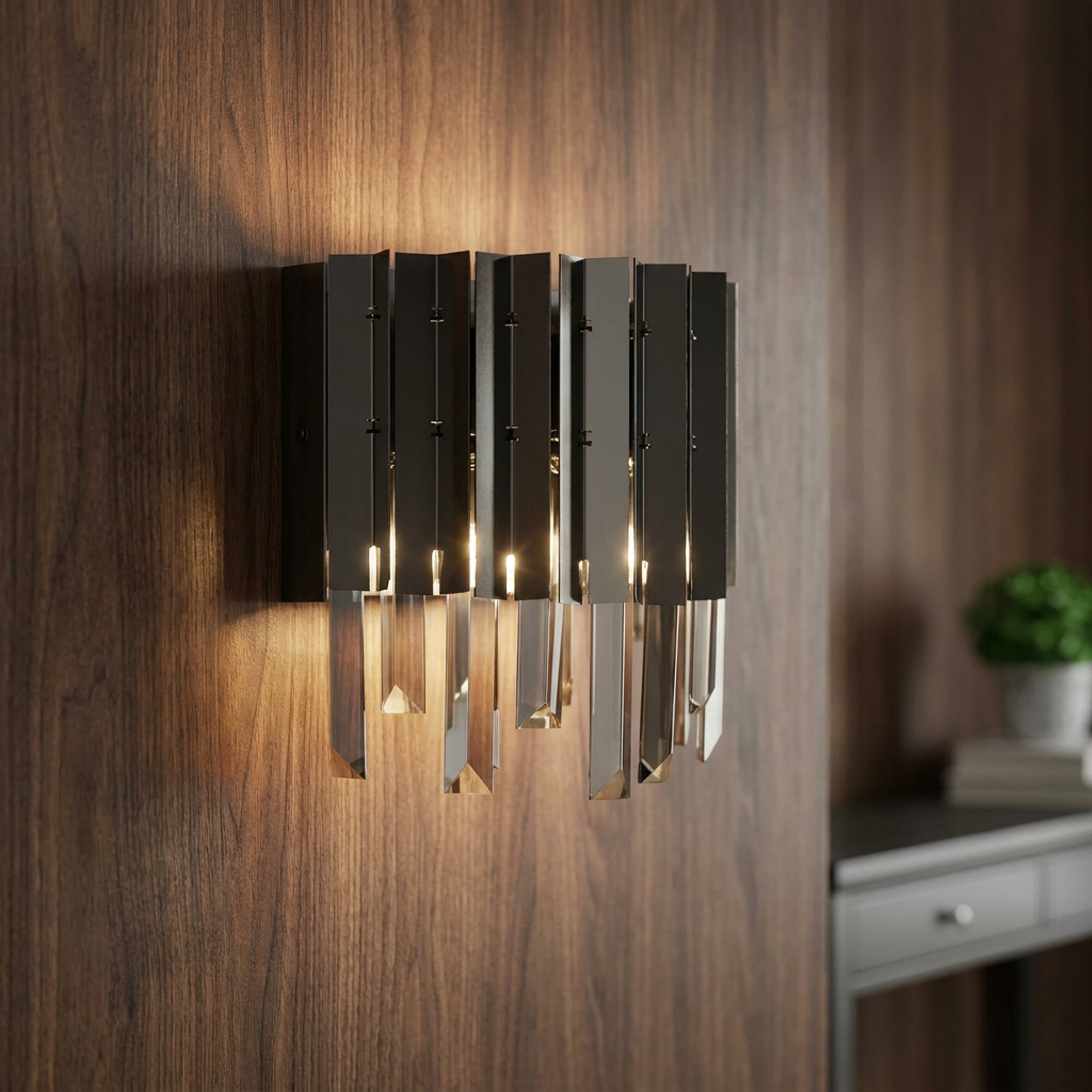 Black chrome wall sconce with smoke crystals glowing warmly against a dark wood-paneled wall.