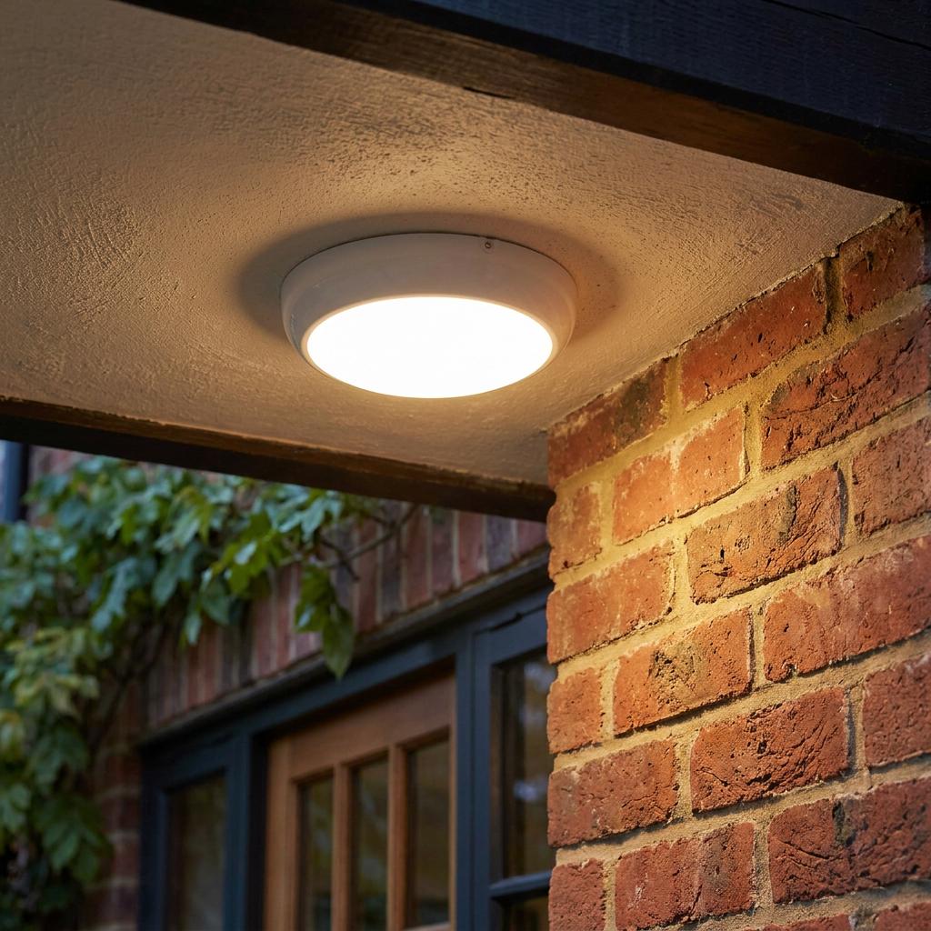Round white bulkhead outdoor ceiling light illuminated under a porch overhang next to a brick wall.