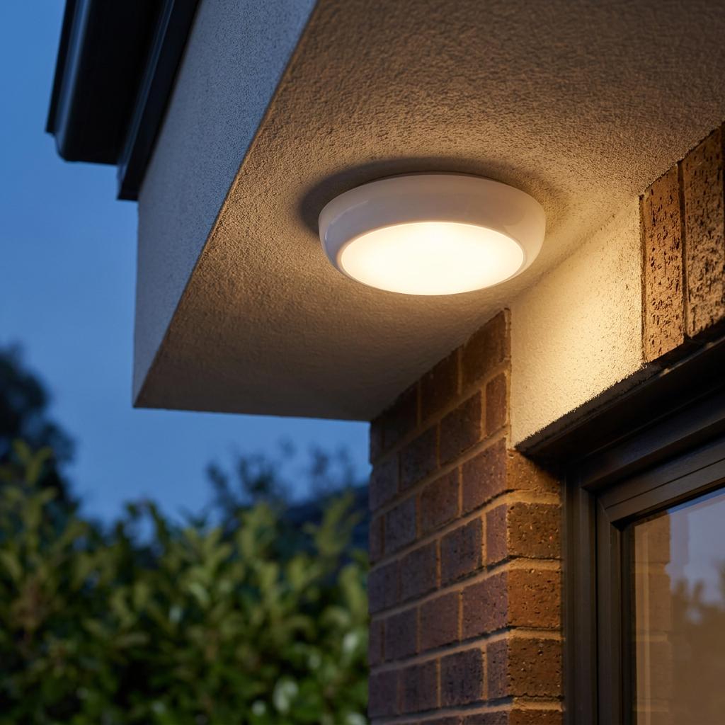 Round white outdoor flush mount ceiling light glowing under a brick house soffit at dusk.