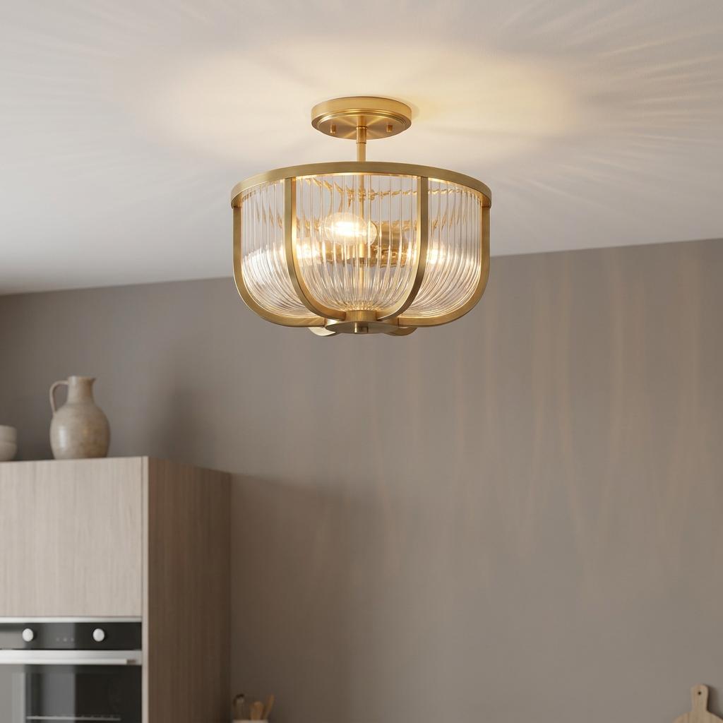 A brass semi-flush ceiling light with a ribbed glass shade, casting a warm glow in a kitchen.