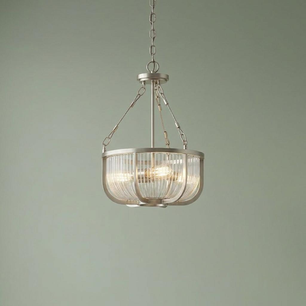 A three-light nickel pendant with a ribbed glass drum shade suspended by a chain against a green background.