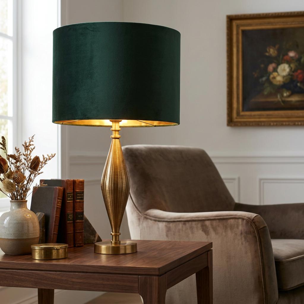 Rye table lamp with an antique brass ribbed base and green velvet shade on a wooden side table.