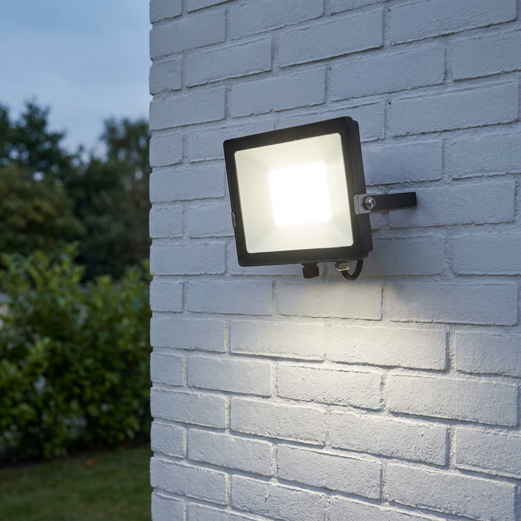 Salde IP65 LED flood light mounted on a white brick wall, emitting a bright cool white light outdoors.