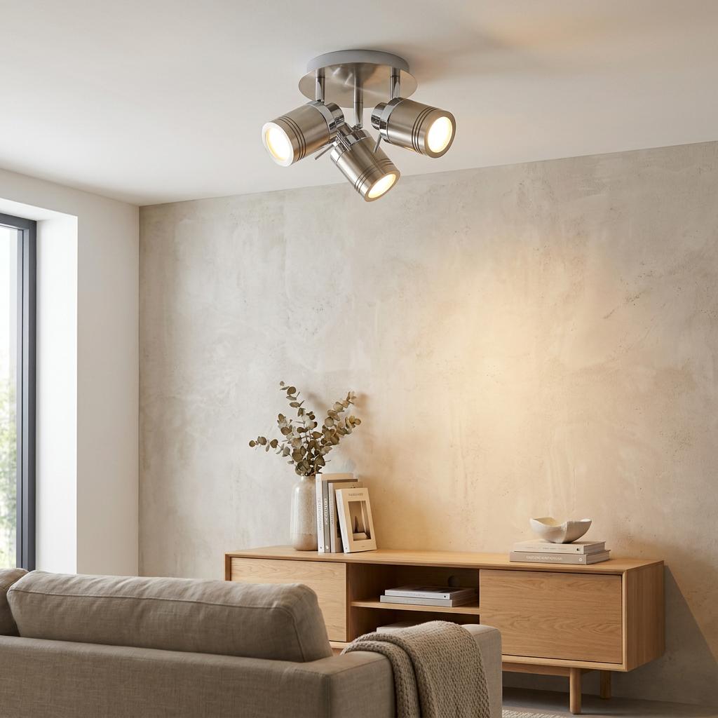 Samson 3-light silver flush ceiling spotlight fixture illuminating a neutral-toned living room wall with warm light.
