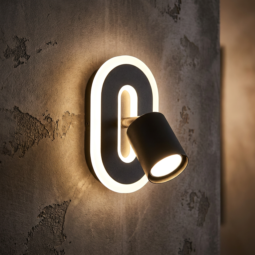 Modern matte black oval wall lamp with a glowing LED halo and adjustable spotlight mounted on a concrete wall.