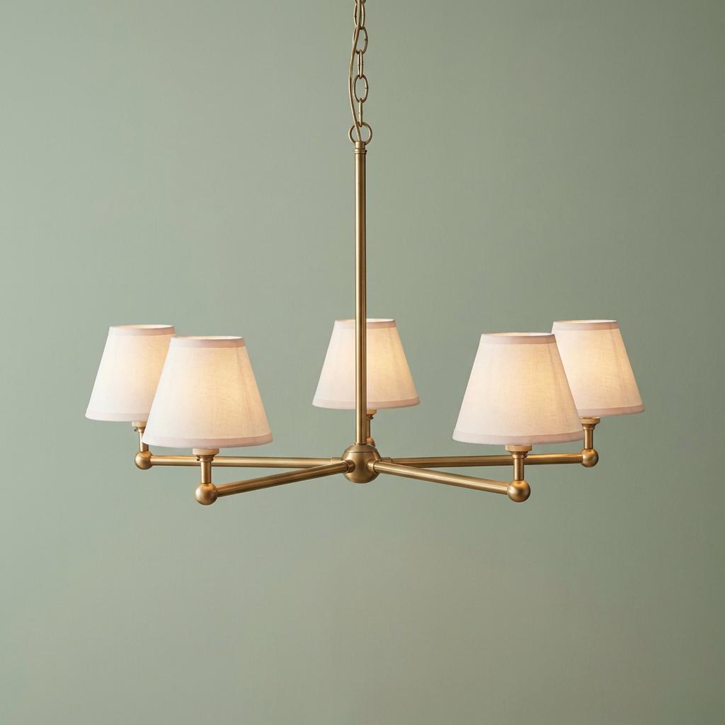 Santiago brass five-light pendant with ivy white fabric shades, hanging against a solid sage green wall.
