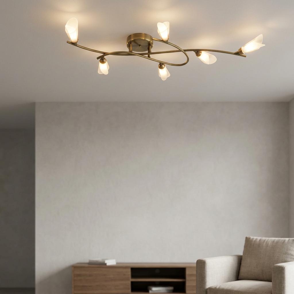 Sare 6 light antique brass ceiling fixture with petal-shaped glass shades in a modern living room setting.