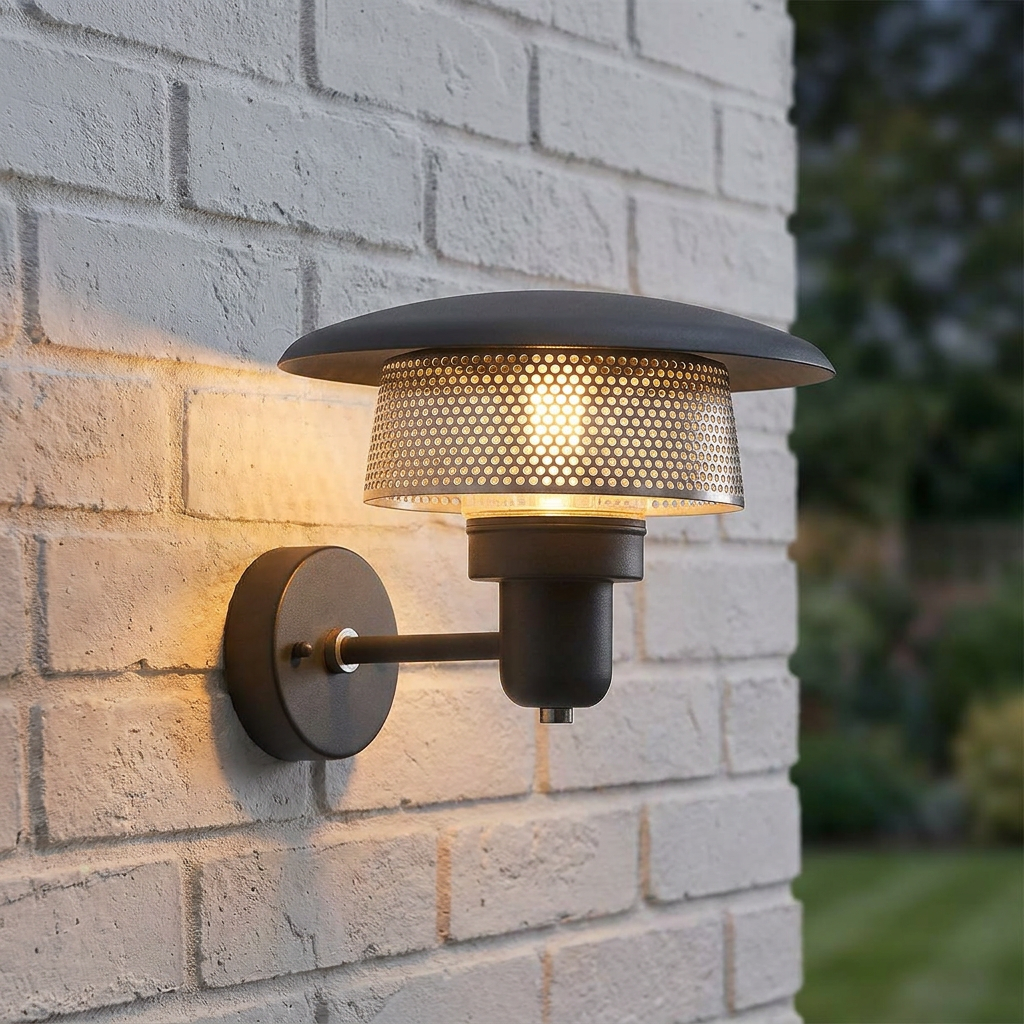 Illuminated Saturne Grey Exterior Wall Lantern with perforated screen mounted on a white brick wall at dusk.