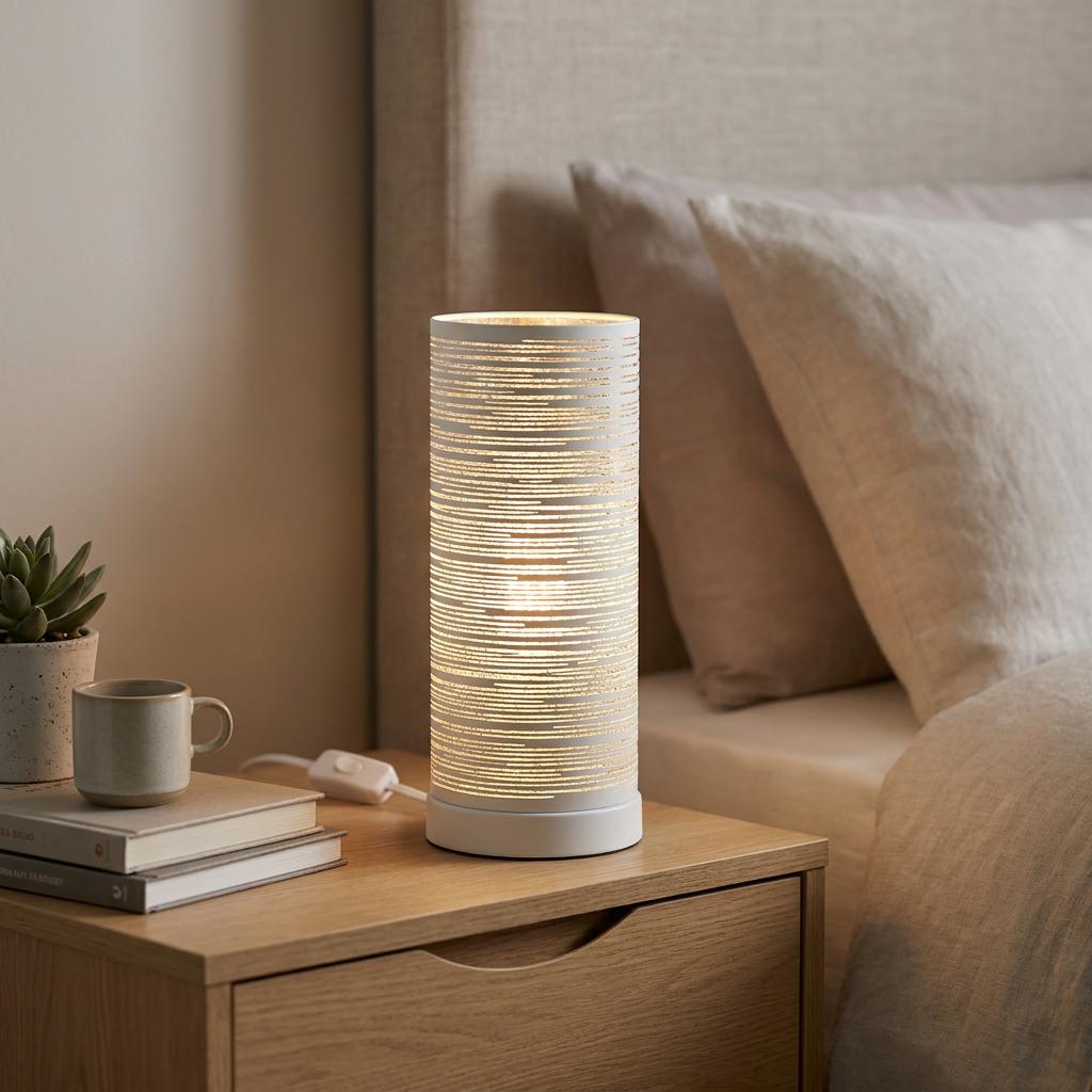 Savvy white metal cylindrical table lamp with glowing horizontal slits on a wooden bedside table.