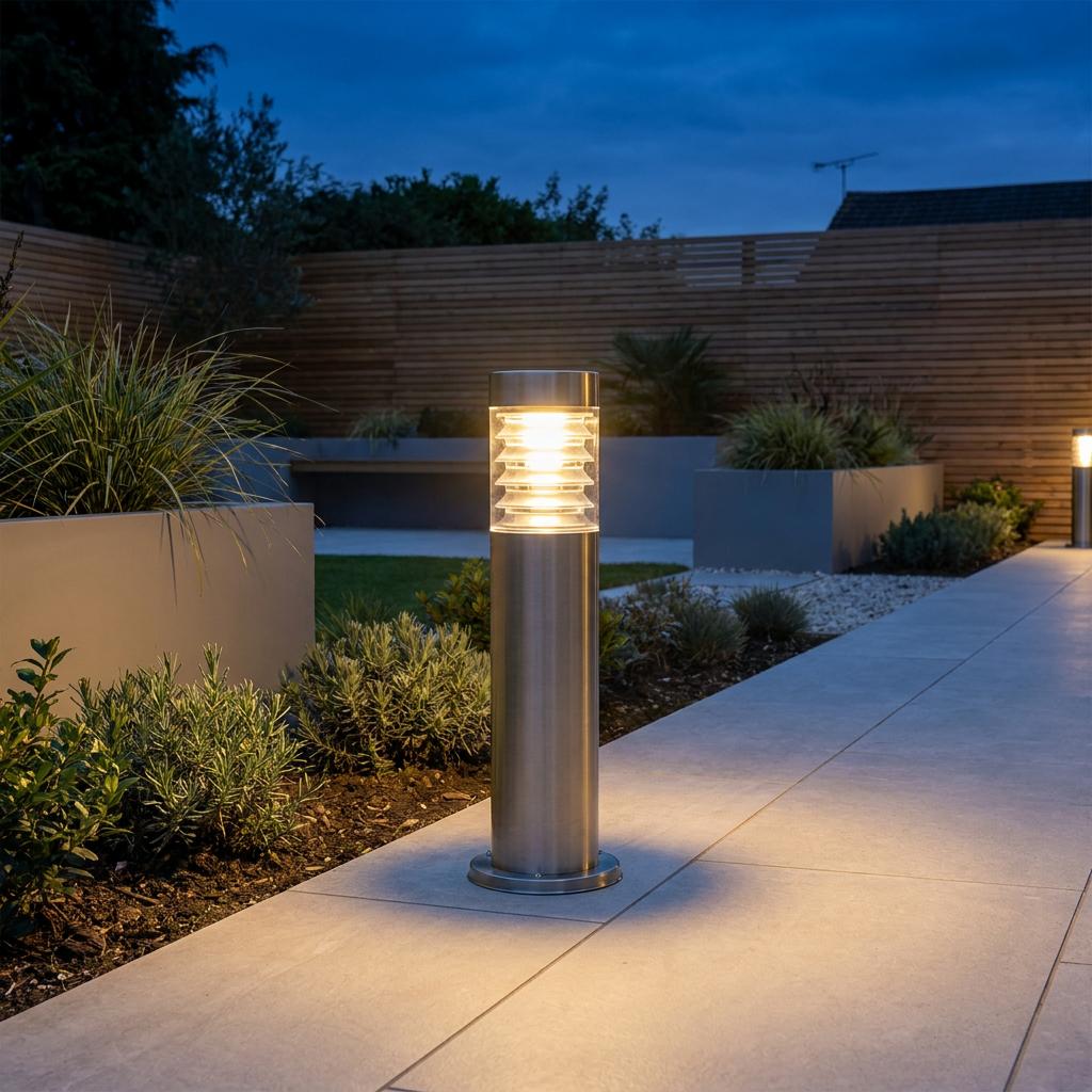 A brushed steel bollard light glows warmly on a modern garden path at twilight.