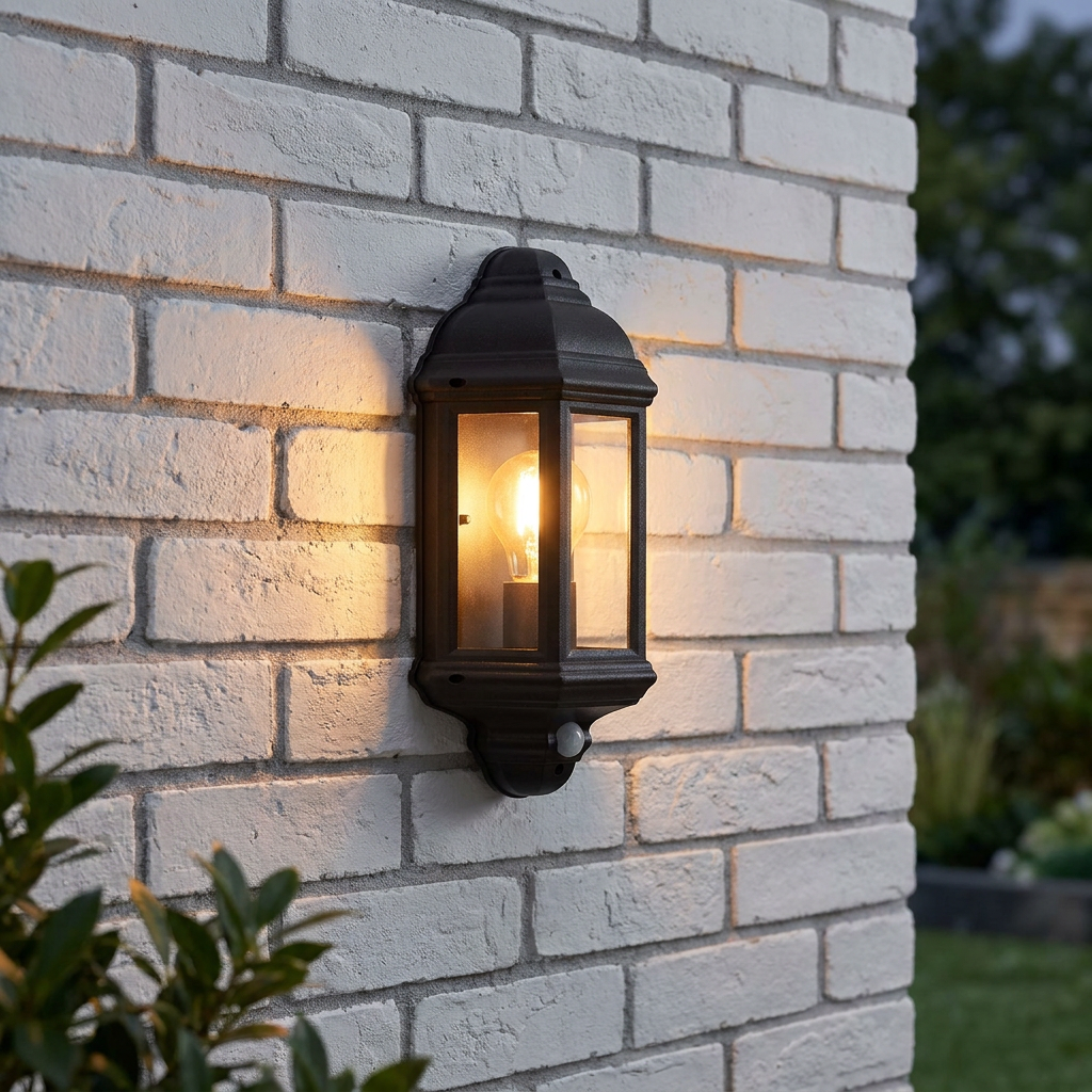 Matt black textured outdoor lantern with a PIR sensor and glowing bulb mounted on a white brick wall.