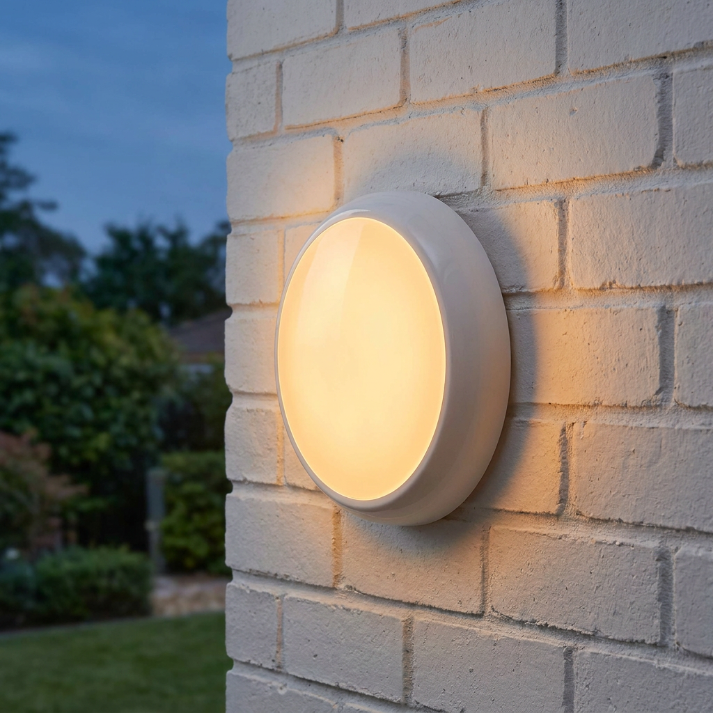A circular white bulkhead light emitting a warm glow, mounted on an outdoor white brick wall at dusk.