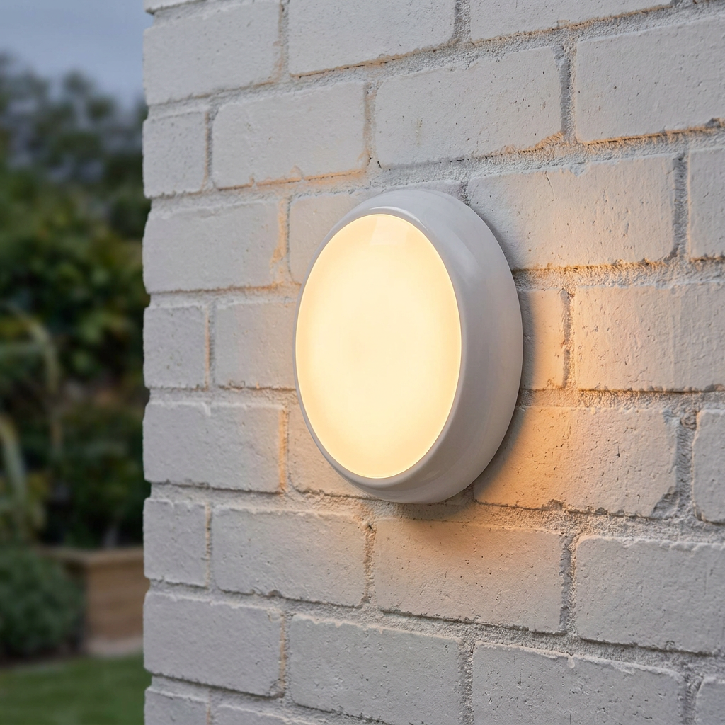 Round white LED bulkhead light with a warm glow mounted on a white brick exterior wall.