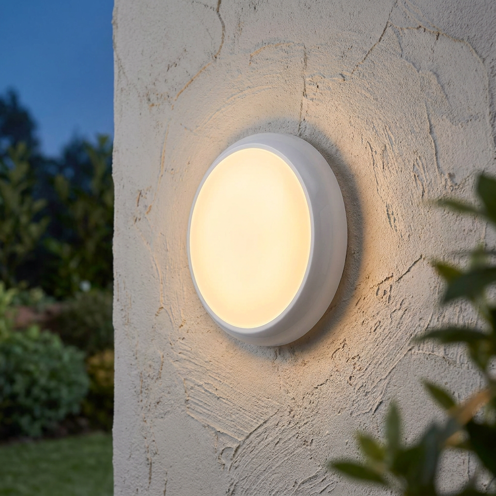 Round white LED bulkhead light mounted on a textured outdoor wall, glowing warm yellow at twilight.