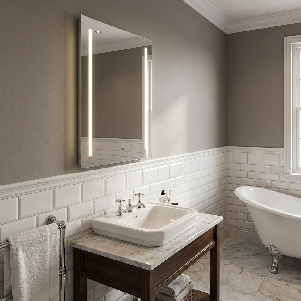 Rectangular bathroom mirror with two integrated vertical LED light strips, mounted above a white sink and vanity.