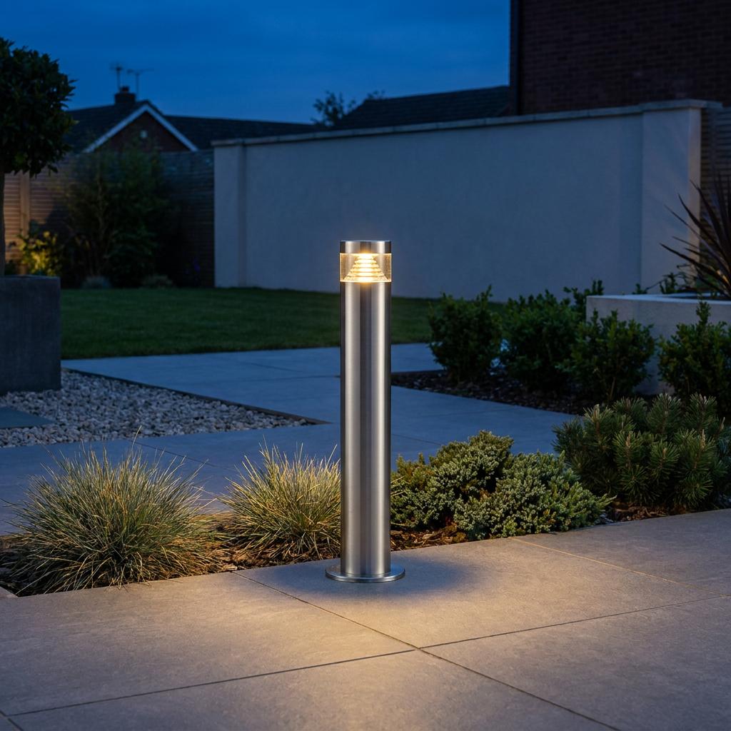 A lit Saxby Pyramid brushed stainless steel outdoor bollard light illuminating a modern stone garden path at dusk.