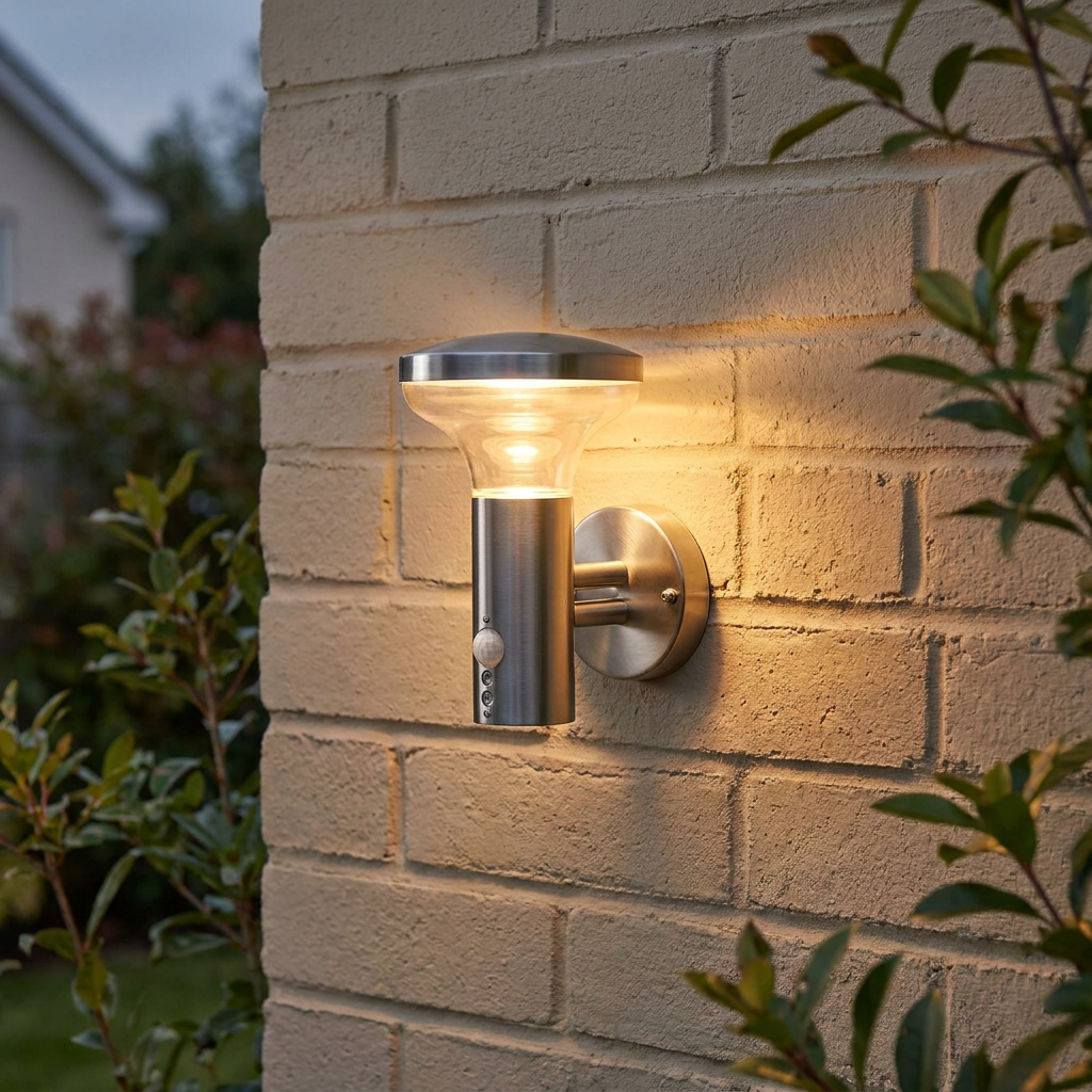 Saxby Roko stainless steel PIR wall light illuminated on a brick wall at dusk.