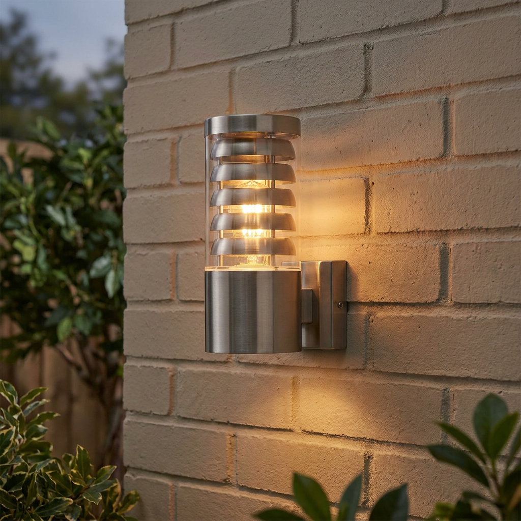 A brushed stainless steel outdoor wall light with internal metal slats, illuminated on a light-colored brick wall.