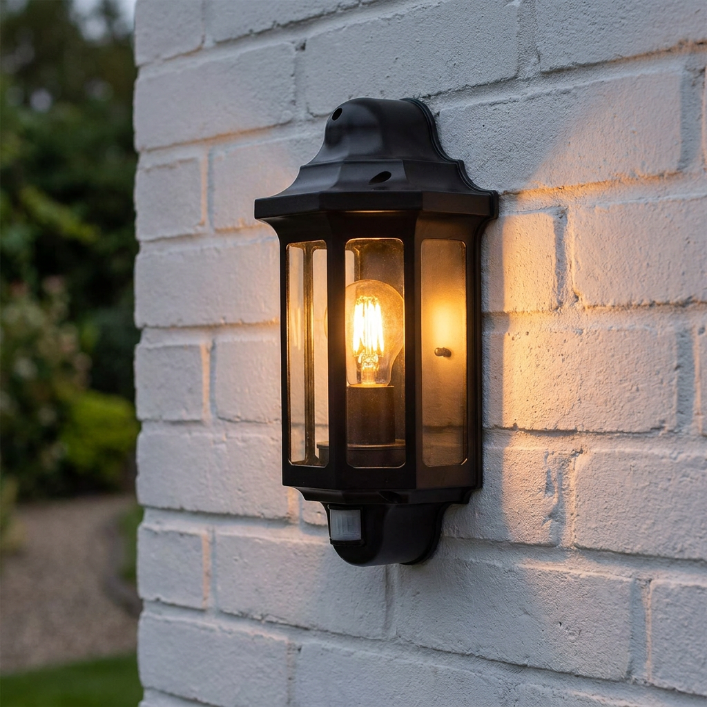 Traditional satin black outdoor lantern with PIR sensor and warm glowing bulb mounted on a white brick wall.