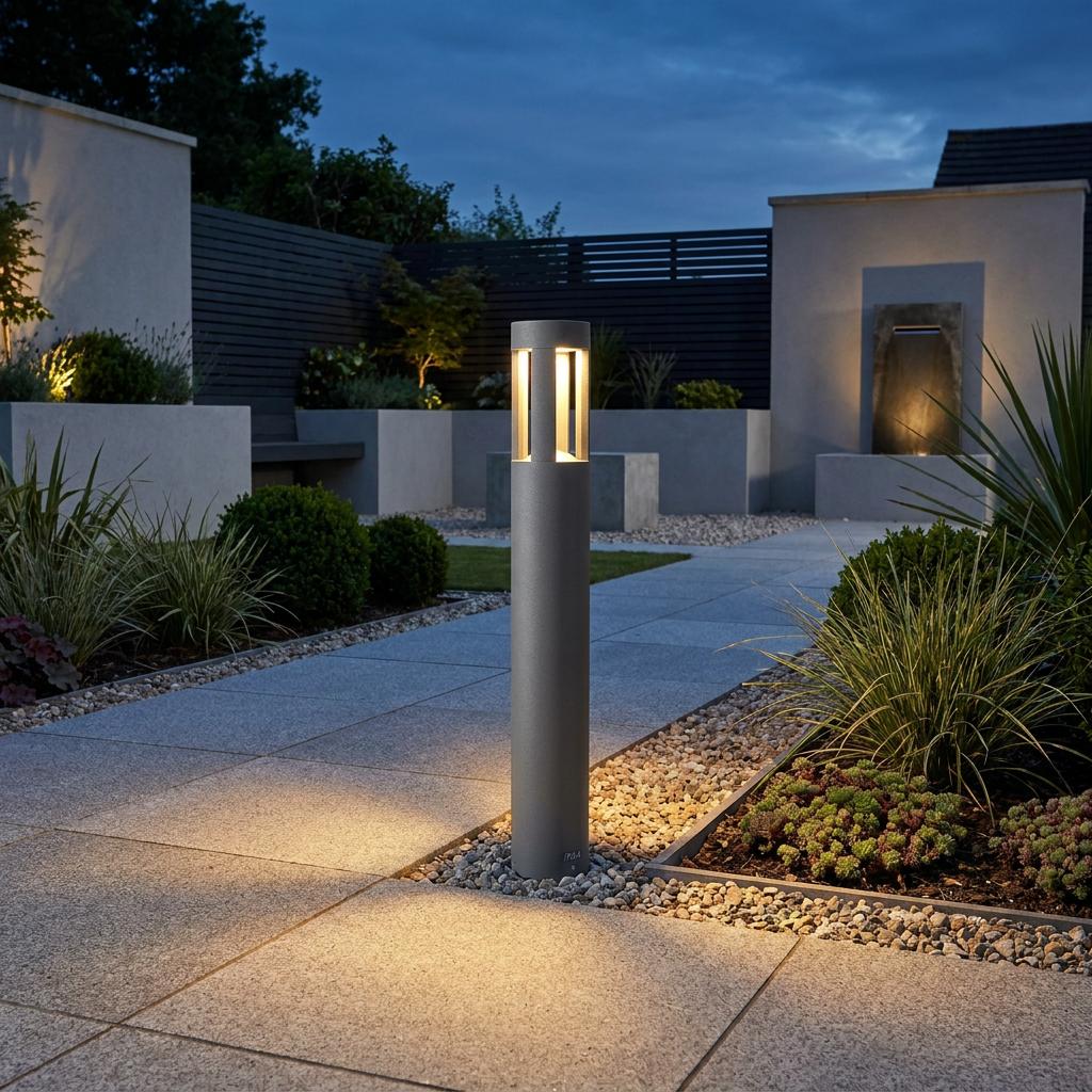 Saxby Tribeca grey LED bollard light casting warm light over a modern paved garden pathway at twilight.