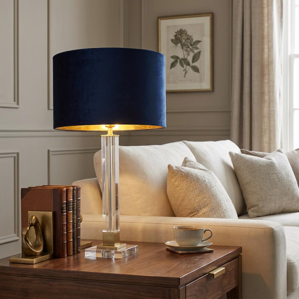 Scarborough table lamp with crystal base and navy velvet shade on a wooden table next to a sofa.