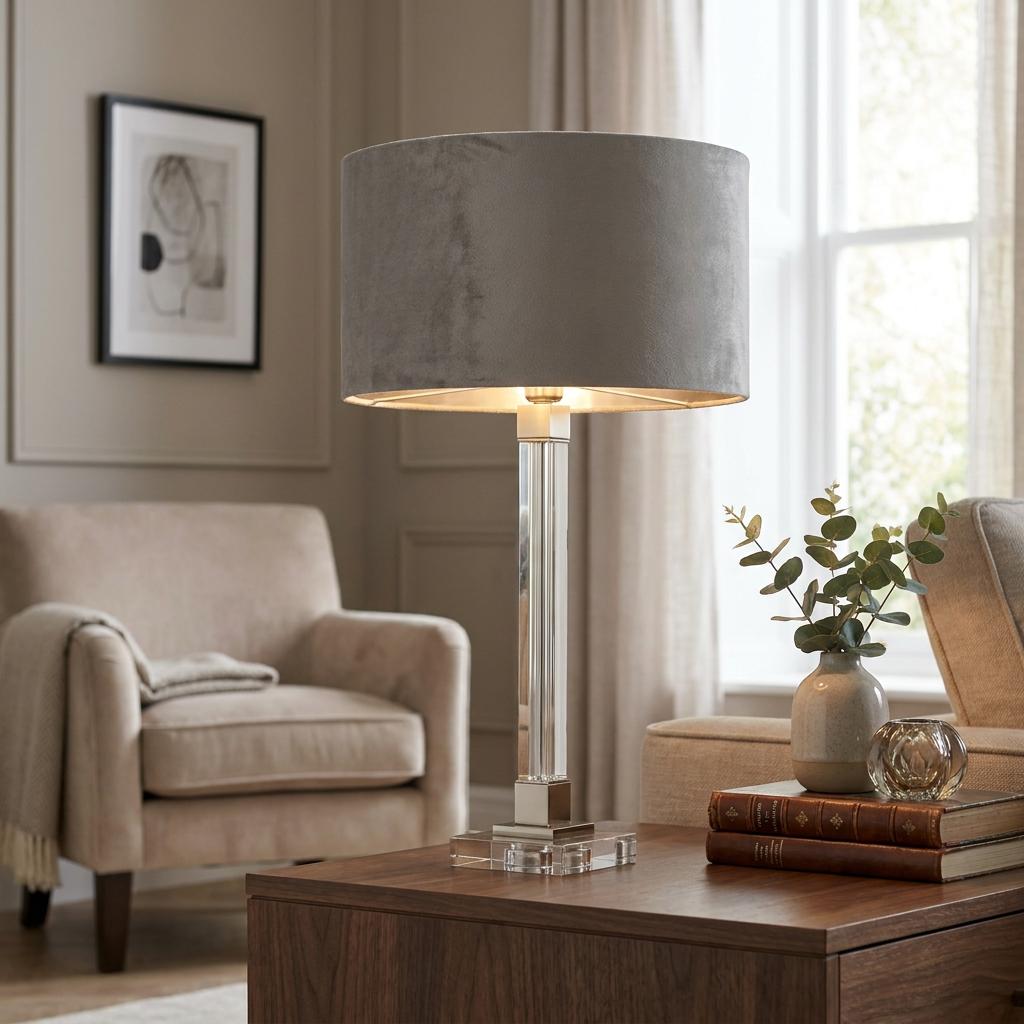 Scarborough Table Lamp featuring a grey velvet shade and elegant crystal column base on a wooden side table.