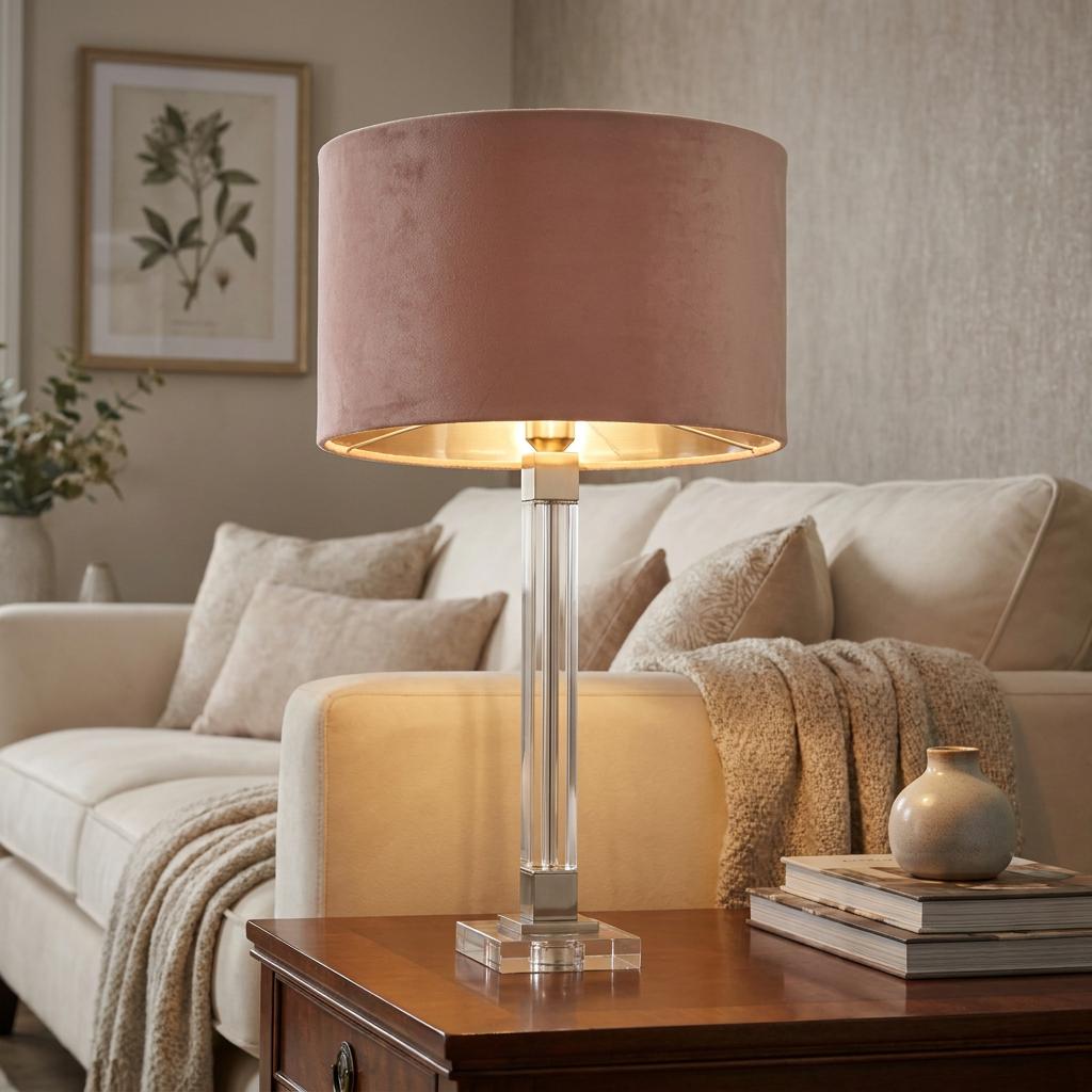 Scarborough table lamp with pink velvet shade and crystal base on a side table in a living room.