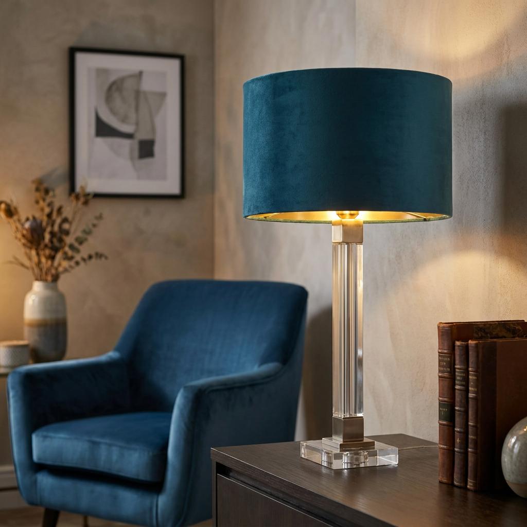 Teal velvet and crystal table lamp glowing on a wooden table next to vintage books in a cozy living room.