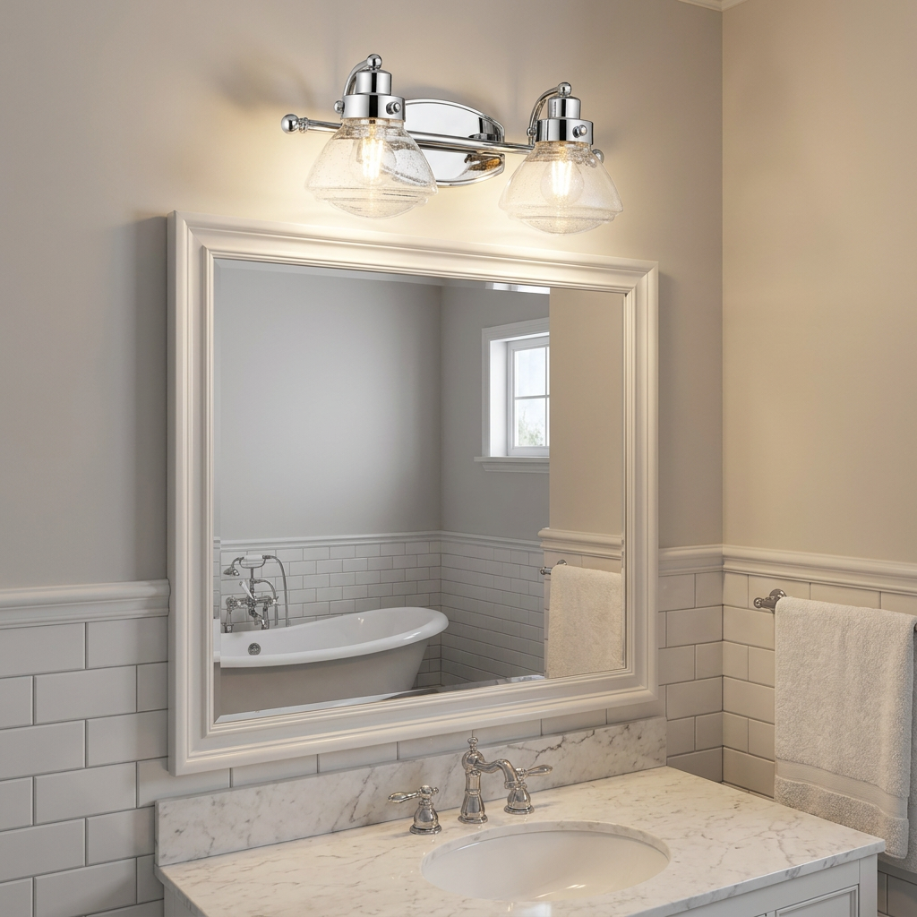 Two-light polished chrome vanity fixture with seeded glass shades mounted above a white-framed bathroom mirror.