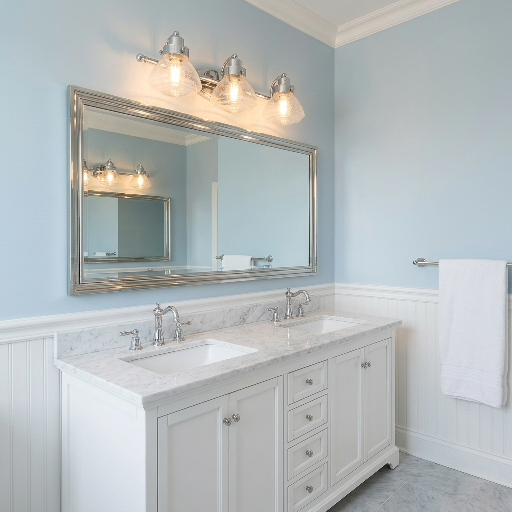 Scholar 3-light polished chrome wall light with seeded glass shades mounted above a large bathroom mirror.