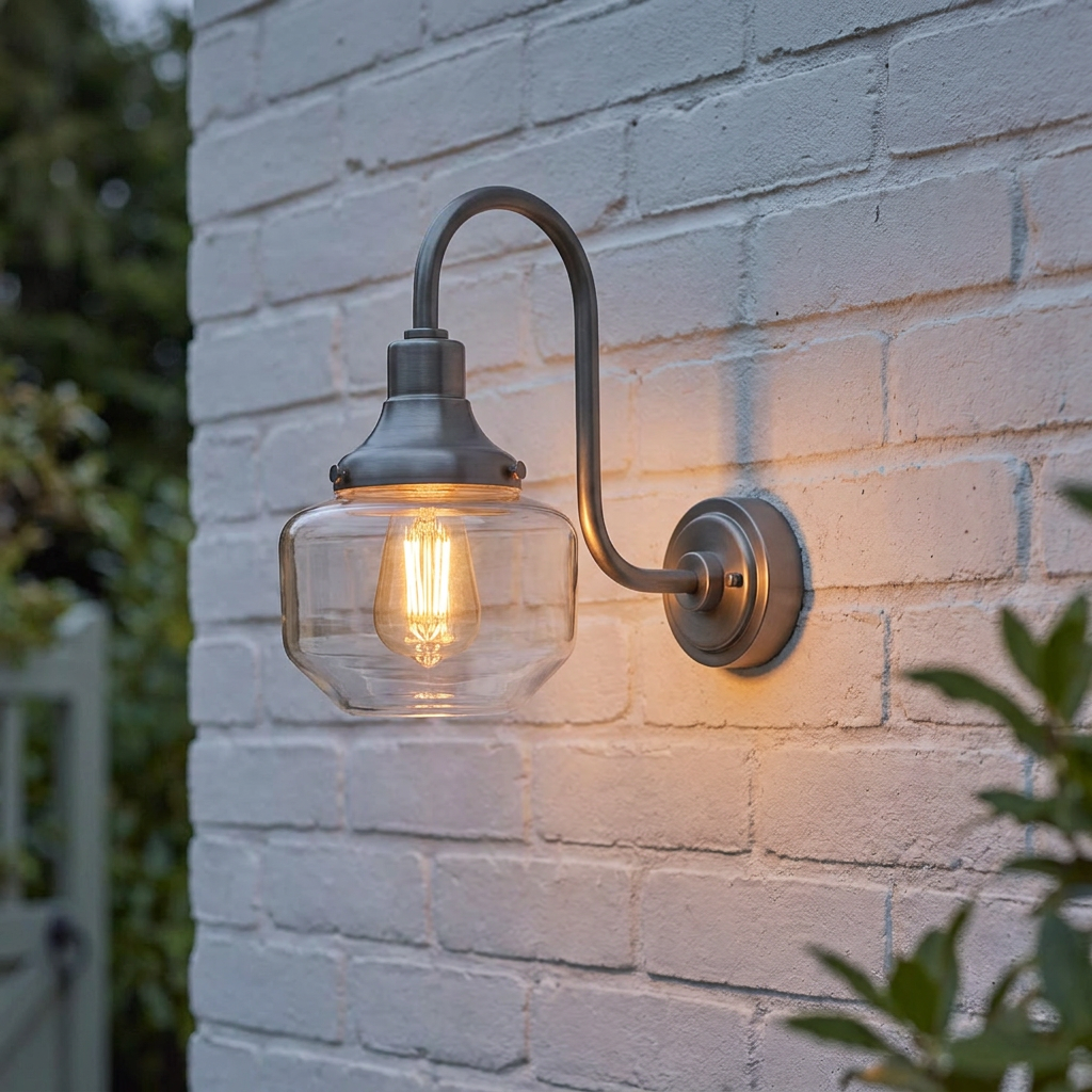 Schoolhouse pewter outdoor wall light with a clear glass shade and warm glowing bulb on a white brick wall.