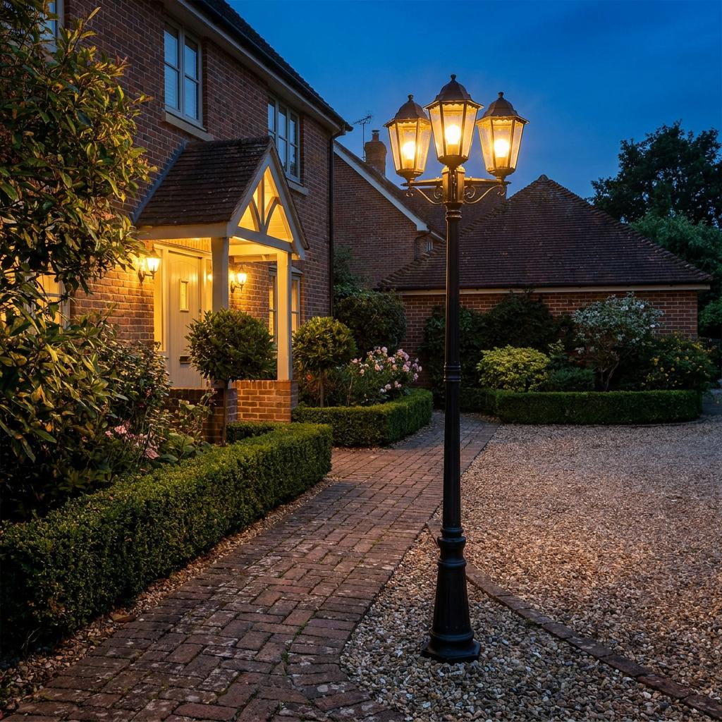 Lit Searchlight Alex 3 light black outdoor lamp post on a gravel driveway beside a brick home at dusk.