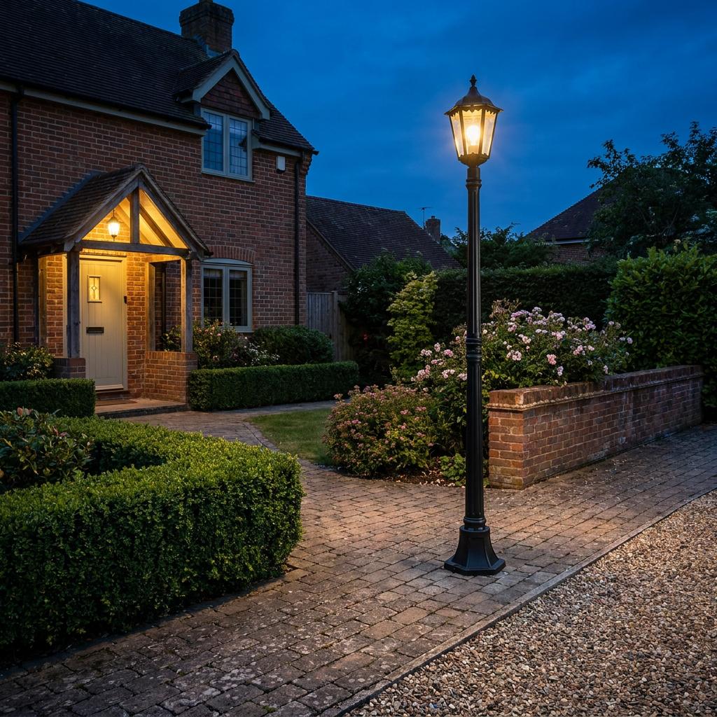 A tall black lantern lamp post illuminates a paved driveway and brick house at dusk.