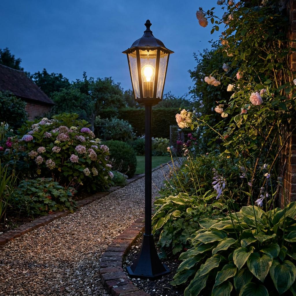 Black outdoor lantern lamp post glowing beside a gravel path in a lush garden at dusk.