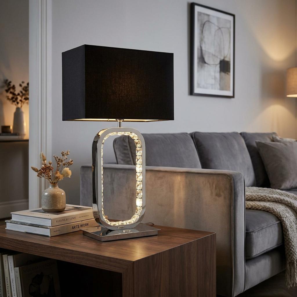 Chrome table lamp with a black rectangular shade and crystal-lined oval base on a wooden side table next to a sofa.